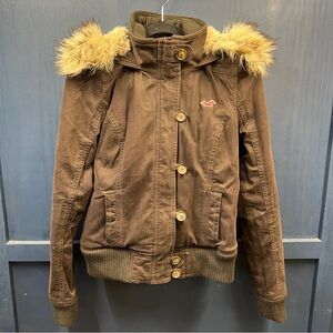Vintage Y2K Hollister Brown Bomber Jacket with Faux Fur Hood size medium